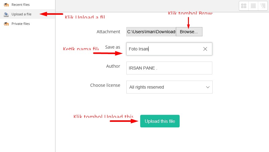 Klik tombol Upload a file, lalu dari jendela kanan klik Browse, ketika nama File, lalu klik tombol Upload this file